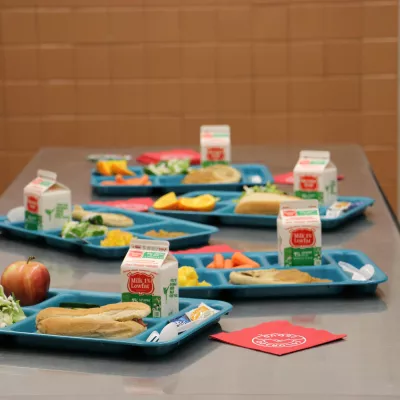 Four school lunches on cafeteria trays.