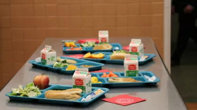 Four school lunches on cafeteria trays.