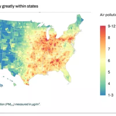 A map of the US showing air pollution by county, with the greatest concentrations in parts of California, the Midwest, and parts of the Northeast and Southeast. 