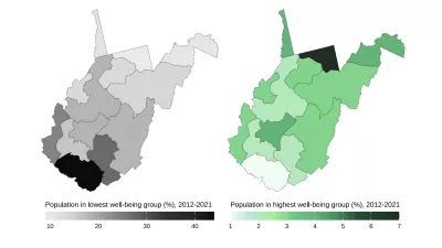 map of West Virginia showing the counties with lowest well-being levels in the south and highest well-being in the north of the state