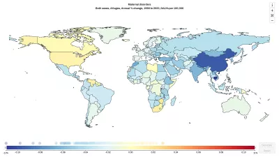 World map chart showing disability adjusted life years for maternal disorders, from 1990 to 2023, All ages, Both sexes, Annual % Change. See content for further description.