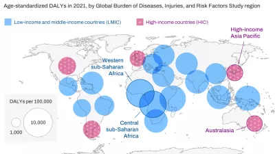 Map chart showing disability adjusted life years by region where low-income Sub-saharan and Central Africa have some of the highest and high-income Asia pacific has the lowest.